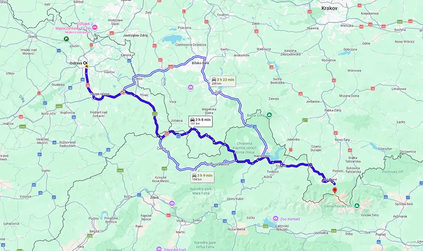 Kasprov vrch mapa trasy z Ostravy